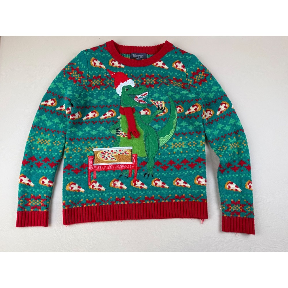 Dinosaur Pizza Christmas Sweater Kids L 14 16 Ugly Holiday T Rex